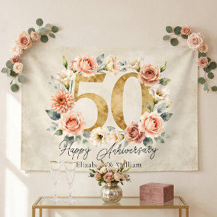Banderoles Célébration de 50 ans de mariage Fleurs roses doré