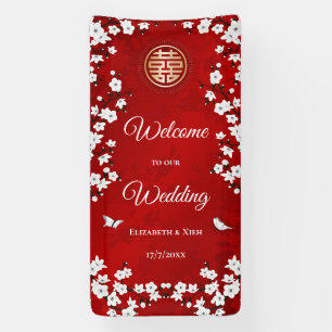 Banderoles Cerisiers Blancs Fleurs Rouges Mariage Chinois