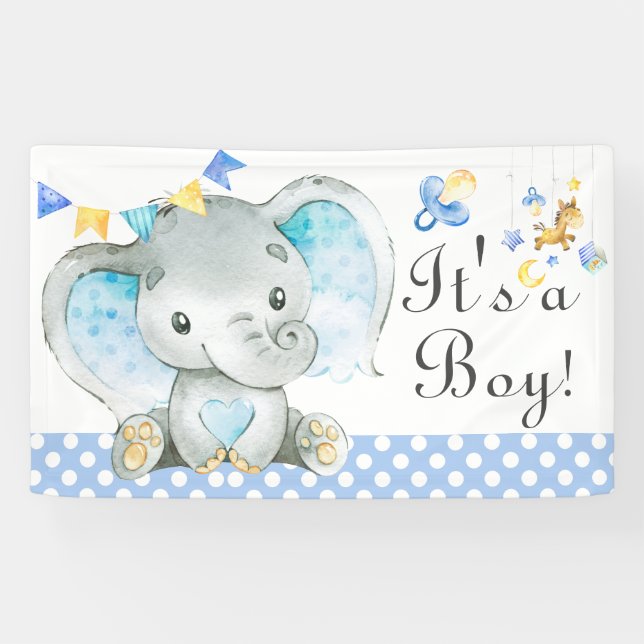 Banderoles C'est un garçon ! Aquarelle Baby shower éléphant (Horizontal)
