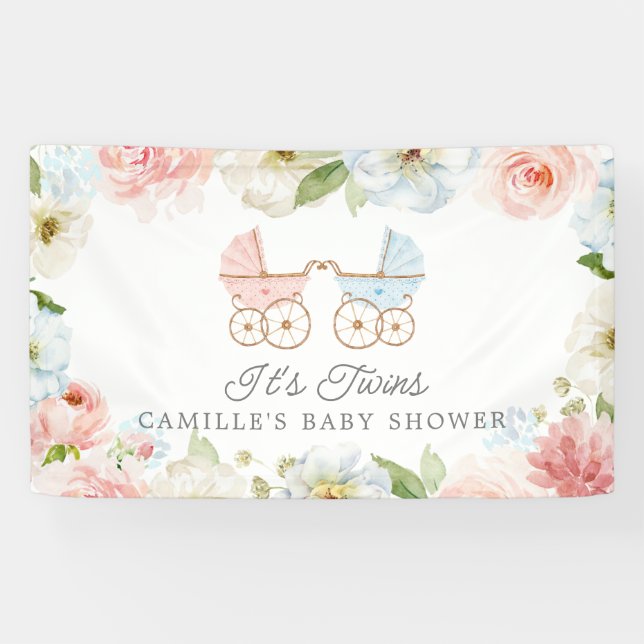 Banderoles C'est une fête de bébé Jumeaux Fille Garçon Fleurs (Horizontal)