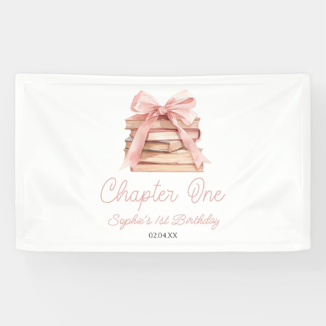 Banderoles Chapitre un nœud rose Livres Fête d'anniversaire 1 (Horizontal)