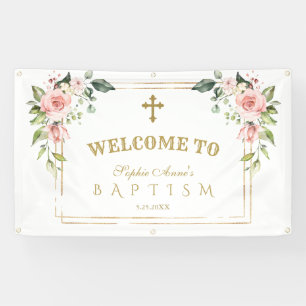 Banderoles Charm rose Fleurs blanches or Baptême Affiche de b