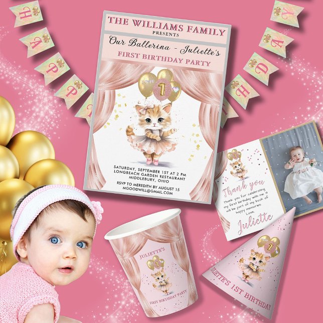 Banderoles Charming Dancing Kitten Photo First Birthday Girl (Créateur téléchargé)