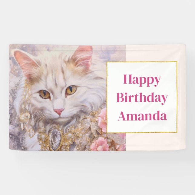 Banderoles Chat blanc élégant en bijoux de luxe Joyeux annive (Horizontal)