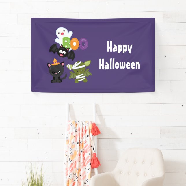 Banderoles Chat de Cute Halloween, bat, mummy et ghost (En situation)