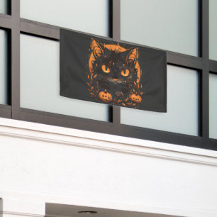 Banderoles Chat noir d'Halloween avec Citrouilles et lune