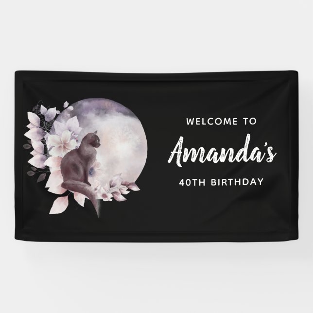 Banderoles Chat noir par une Pleine lune magique Anniversaire (Horizontal)