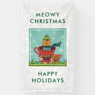 Banderoles Chat Whimsical assis dans un thé Noël