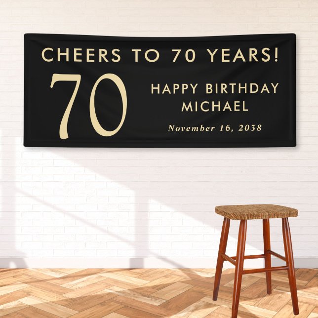 Banderoles Cheers To 70 Years Black Gold 70th Birthday Party (Créateur téléchargé)