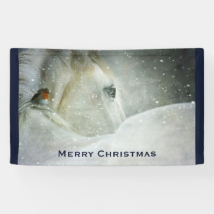 Banderoles Cheval blanc et oiseau dans une neige hivernale No