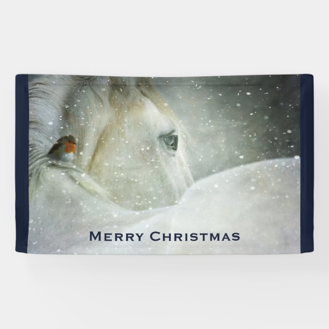 Banderoles Cheval blanc et oiseau dans une neige hivernale No (Horizontal)