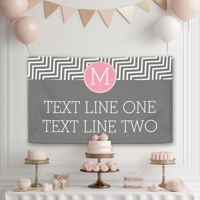 Banderoles Chevrons gris et rose avec texte Monogramme person (Custom Party Banner)