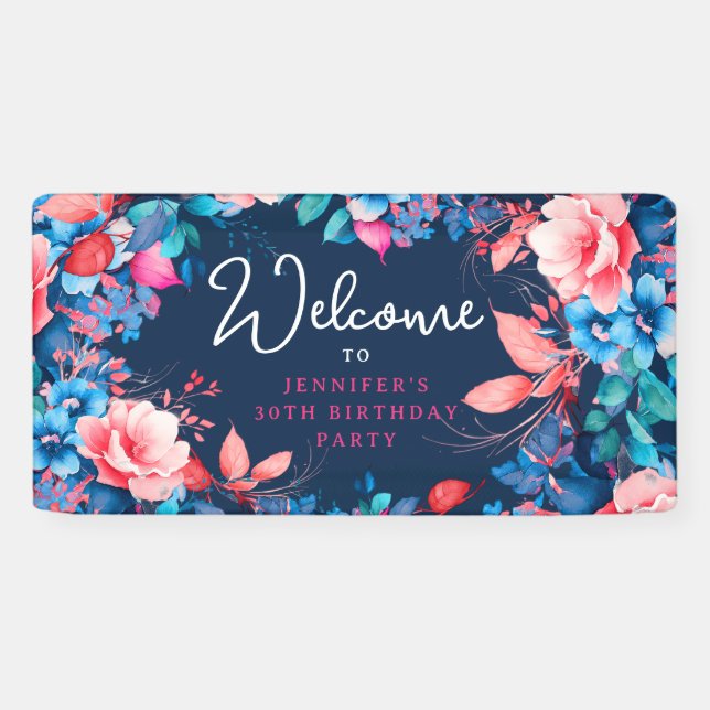 Banderoles Chic Aquarelle Floral 30e Anniversaire Marine Bleu (Horizontal)