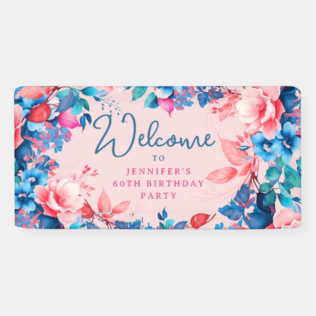 Banderoles Chic Aquarelle Floral 60e Anniversaire Fête Blush (Horizontal)