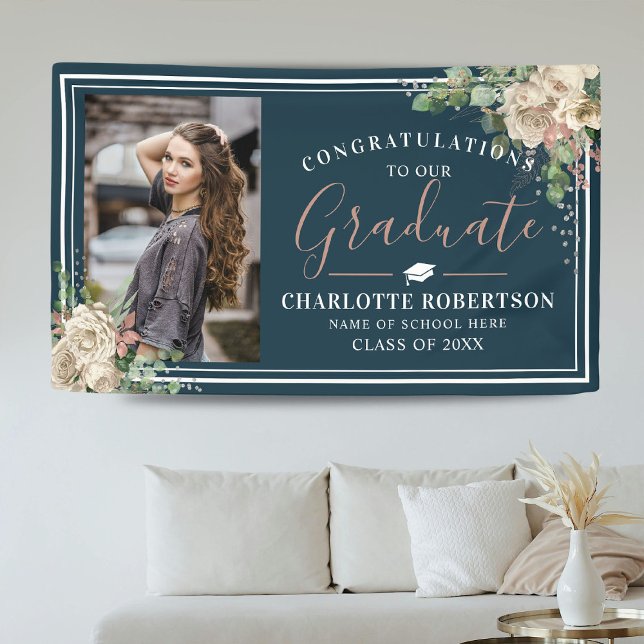 Banderoles Chic Elegant Ivory & Blush Floral Photo Graduation (Créateur téléchargé)