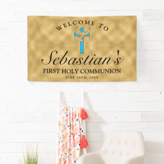 Banderoles Chic Gold Blue Cross Dove First Communion Welcome