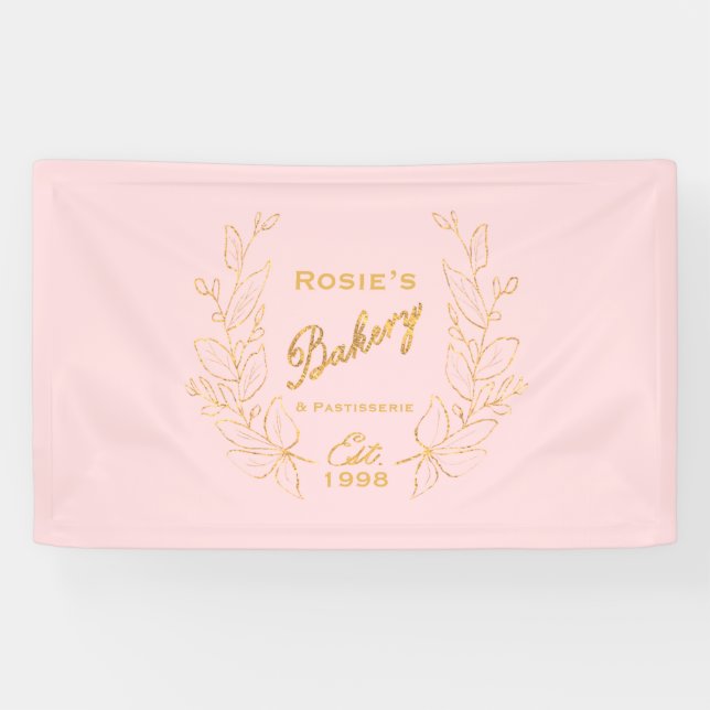 Banderoles Chic Pink Gold Wreath Bakery Script Logo (Horizontal)