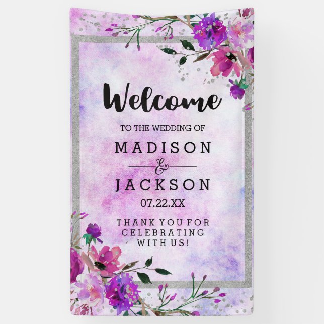 Banderoles Chic Purple Floral & Mariage Argent Bienvenue (Vertical)