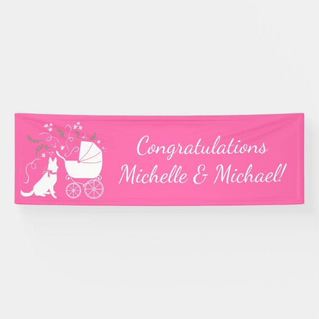 Banderoles Chien berger allemand Baby shower fille rose (Horizontal)