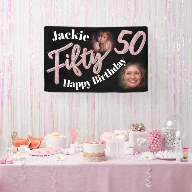 Banderoles Cinquante 50e anniversaire deux script photo rose  (Fête)