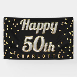 Banderoles Cinquantième noir heureux de confettis d'or de