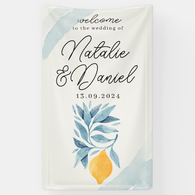 Banderoles Citron aux feuilles bleues, illustration botanique (Vertical)