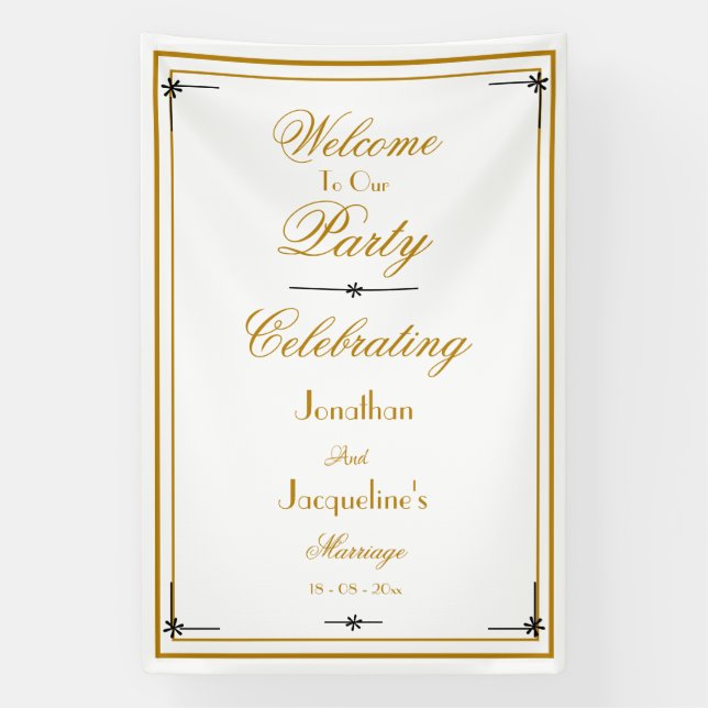 Banderoles Clair blanc & or Script Mariage chic Bienvenue (Verticale)