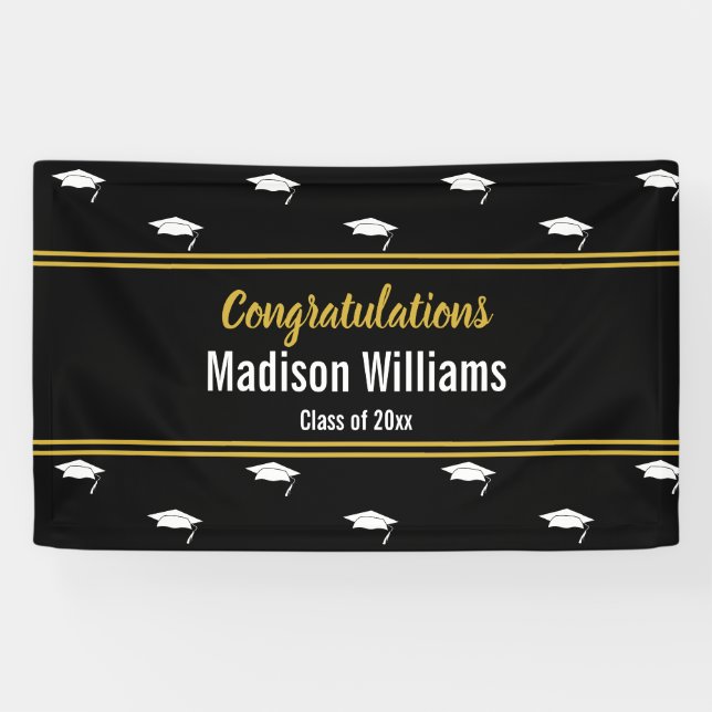 Banderoles Classe de 2025 Black White Gold Graduation Nom (Horizontal)