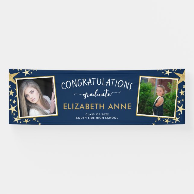Banderoles Classe de 2025 Gold et Blue 2 Photos Graduation (Horizontal)