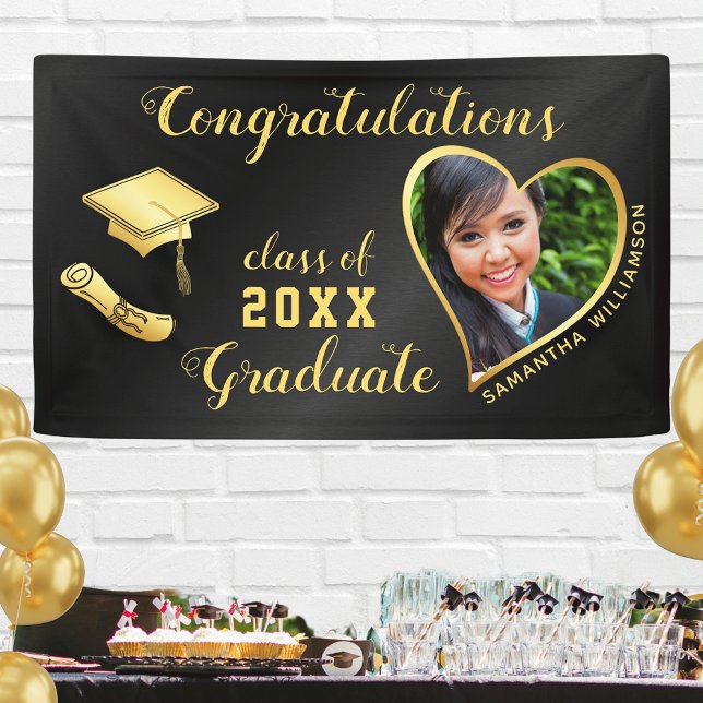 Banderoles Classe de 2025 Grad Photo Black and Gold Graduatio (Créateur téléchargé)