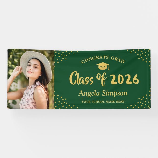 Banderoles Classe de 2026 Green Gold Photo Graduation Party (Horizontal)