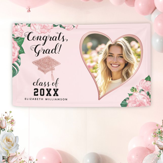 Banderoles Classe de photo Grad 2025 Blush Pink Floral Gradua (Créateur téléchargé)