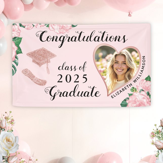 Banderoles Classe photo personnalisée de 2025 Floral Pink Gra (Créateur téléchargé)