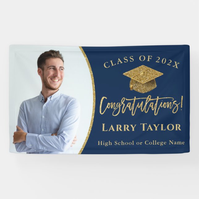 Banderoles Classic Blue Gold Graduate Photo Party (Horizontal)