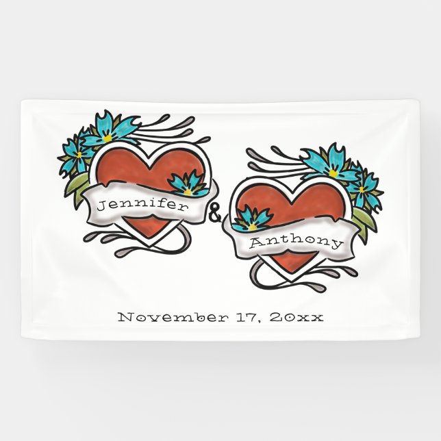 Banderoles Coeurs tatoués, Mariage graphique de tatouage (Horizontal)
