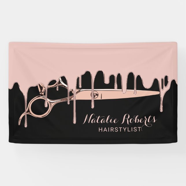 Banderoles Coiffeur Rose Gold Drips Ciseaux Salon de Beauté (Horizontal)