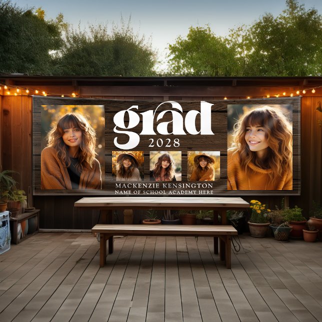 Banderoles Collage photo de la graduation en bois rustique (Rustic Wood Graduation Photo Collage Banner)