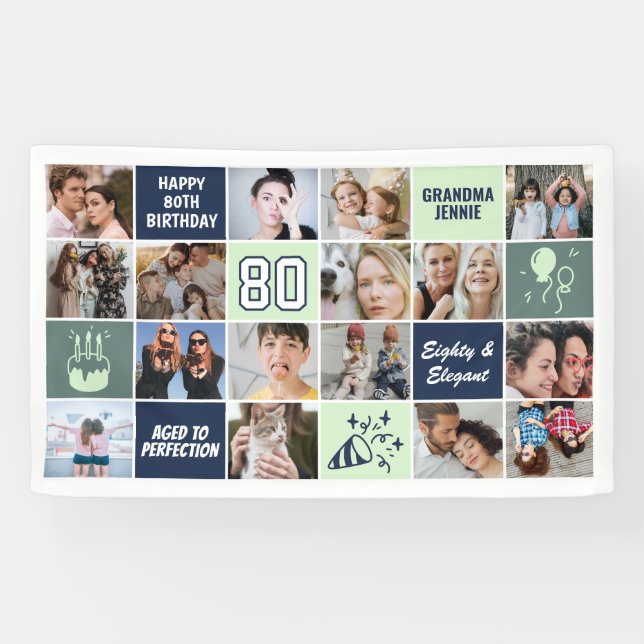 Banderoles Collage photo personnalisé 80 ans bleu mint (Horizontal)