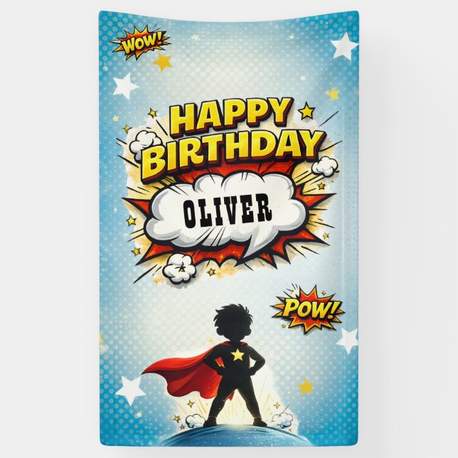 Banderoles Comic Style Superhero Boy's Name Birthday (Vertical)