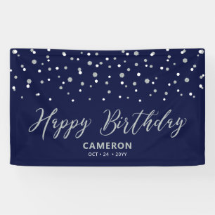 Banderoles Confettis Hexagone Argent et Bleu Joyeux Anniversa