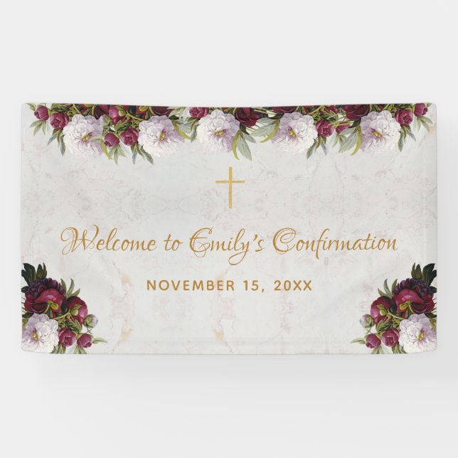 Banderoles Confirmation Bienvenue Bourgogne Peony Marble Flor (Horizontal)
