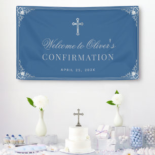 Banderoles Confirmation Garçon Classique Bleu Vintage Faux Ar