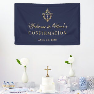 Banderoles Confirmation Garçon Elégant Marine Blue Faux Gold 