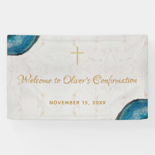 Banderoles Confirmation Garçon Marbre Script Géode Bleu Bienv
