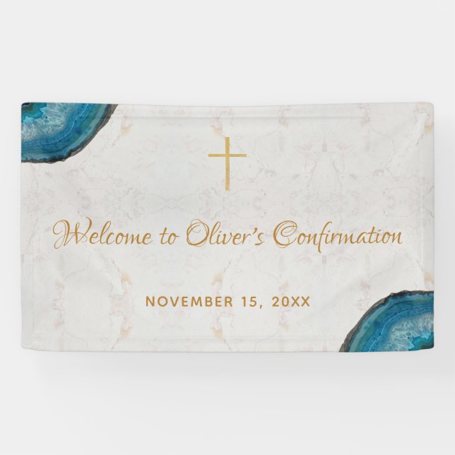 Banderoles Confirmation Garçon Marbre Script Géode Bleu Bienv (Horizontal)