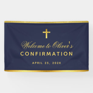 Banderoles Confirmation Garçon Marine Croix Bleue Faux Or Bie