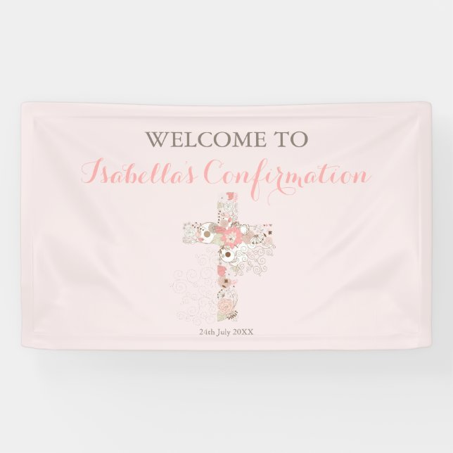 Banderoles Confirmation moderne rose pâle nom croisé floral (Horizontal)