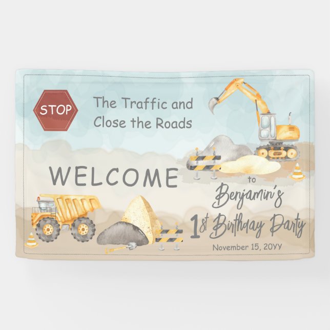 Banderoles Construction Dump Truck Boy fête le 1er anniversai (Horizontal)