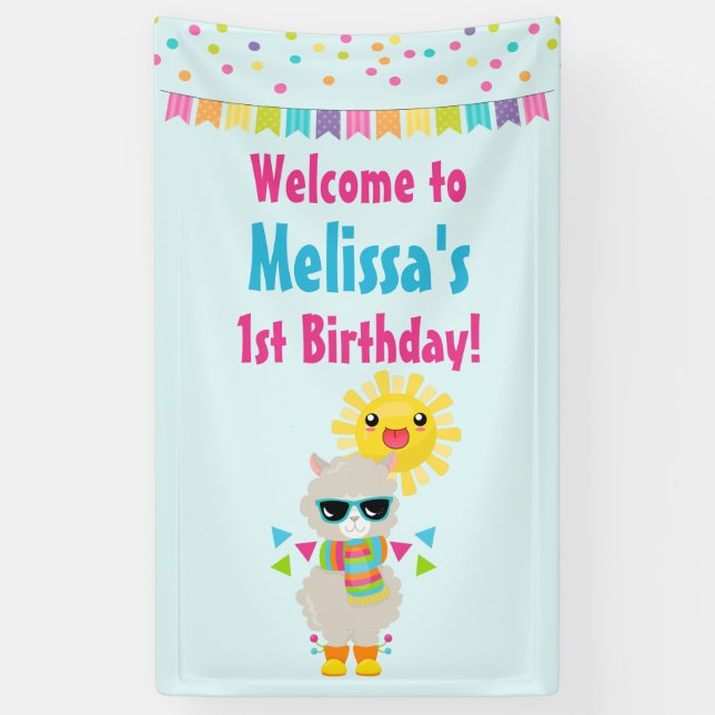 Banderoles Cool Llama et souriant Kawaii Anniversaire du sole (Vertical)