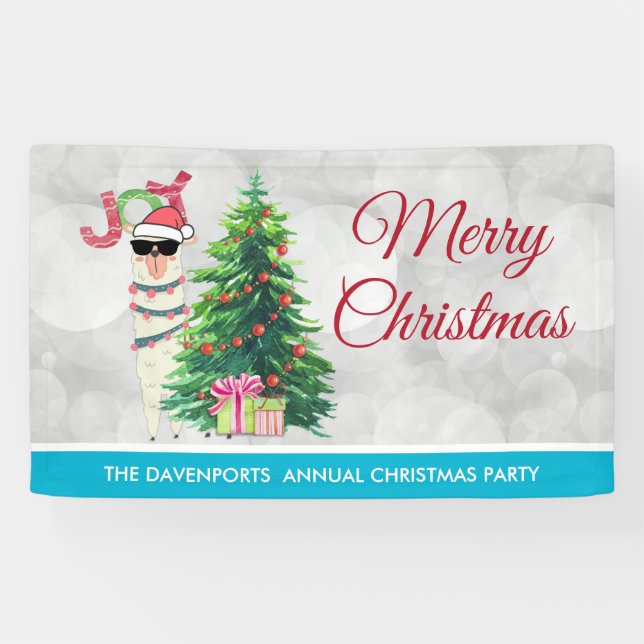 Banderoles Cool Llama sur Silver Bokeh & Icy Blue Christmas (Horizontal)